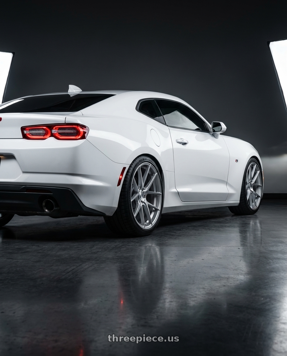 2022 Chevrolet Camaro with Aodhan AFF3 5x120 20x9+30 Gloss Silver Machined Face wheels rear three quarter view square tires