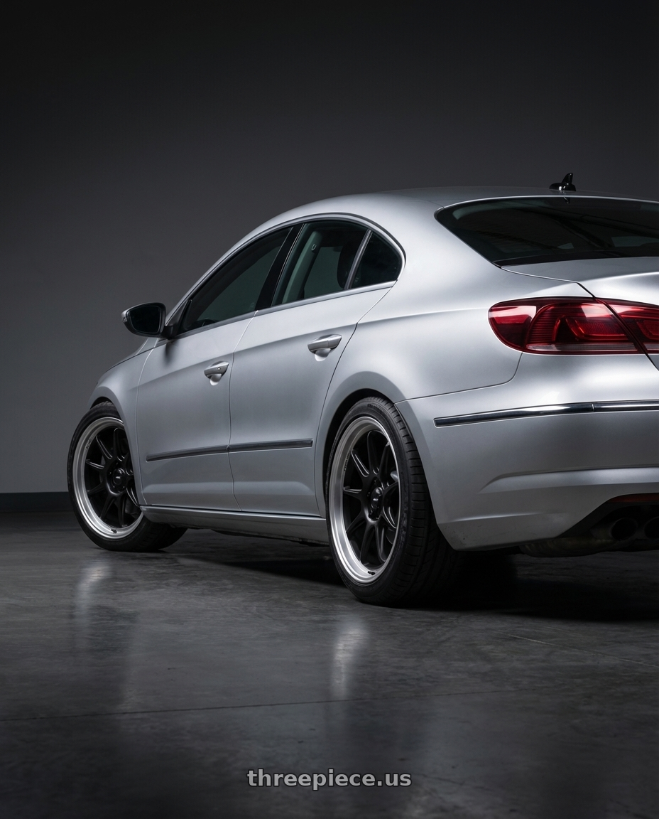 2015 Volkswagen CC with Konig Countergram 5x112 19x9.5+30 Matte Black / Matte Machined Lip wheels rear three quarter view square tires