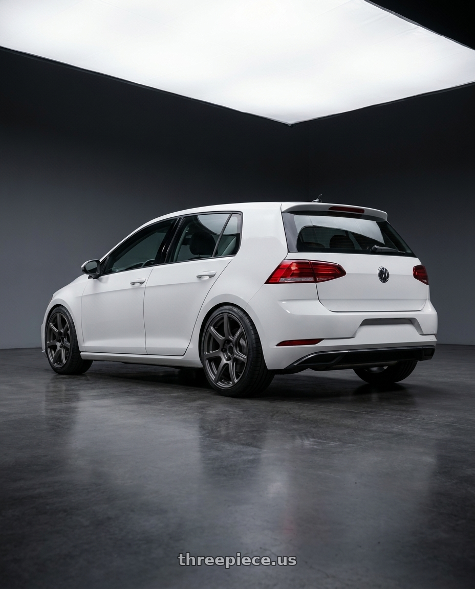 2019 vw golf with Work Emotion T7r 5x100 18x10.5 +12 Matte Gunmetal wheels rear three quarter view square tires
