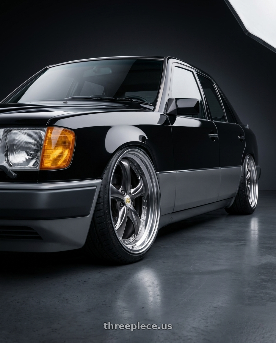 1989 Mercedes 230E W124 two tones black and grey with Work Wheels VS-KF 5X114.3 19x9+15 Brilliant Silver Black A Disk FULL REVERSE wheels