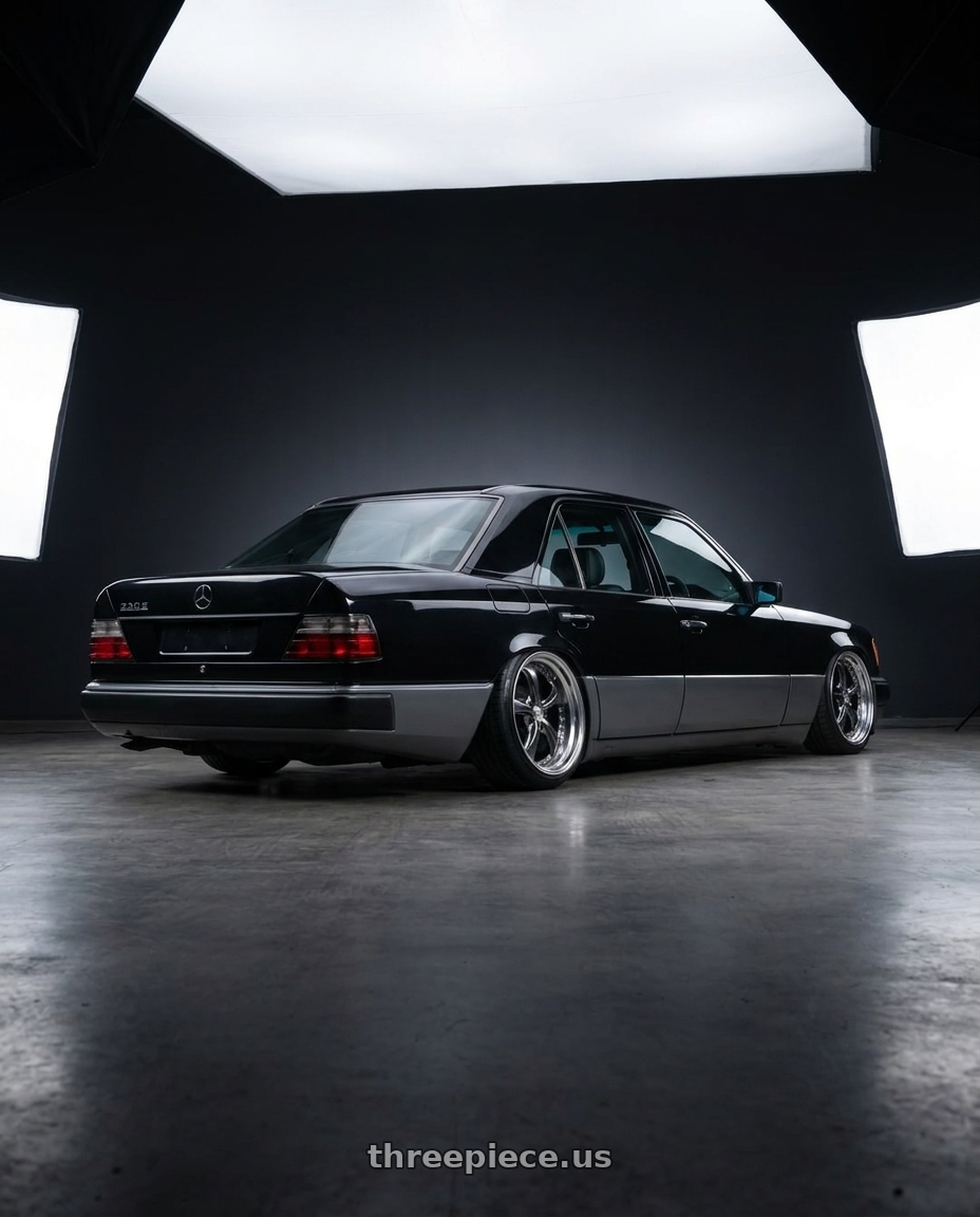 1989 Mercedes 230E W124 two tones black and grey with Work Wheels VS-KF 5X114.3 19x9+15 Brilliant Silver Black A Disk FULL REVERSE wheels rear three quarter view slight stretch tires