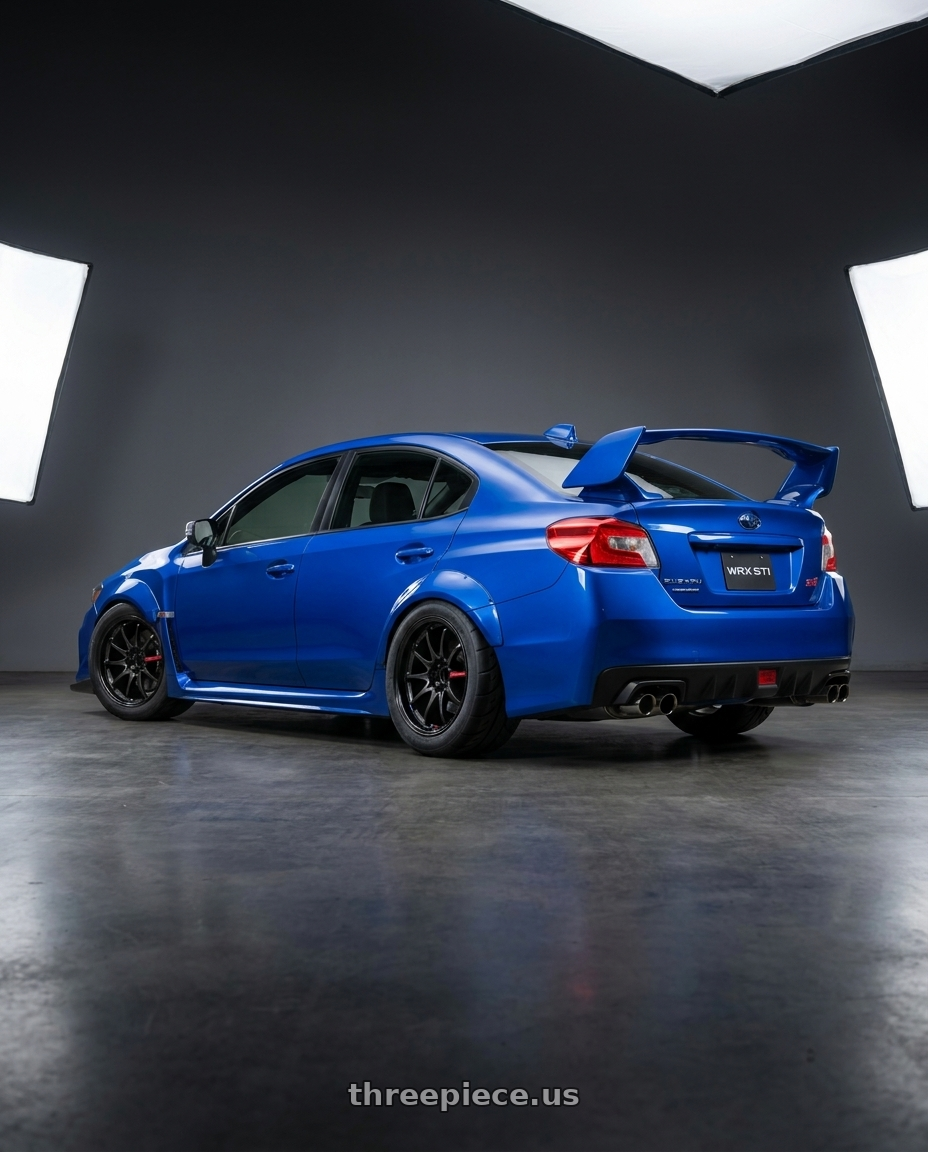 2021 subaru WRX STI wr blue with Volk Racing CE28 Club Racer II 5x114.3 18x10.5+22 Black Edition wheels rear three quarter view meaty tires