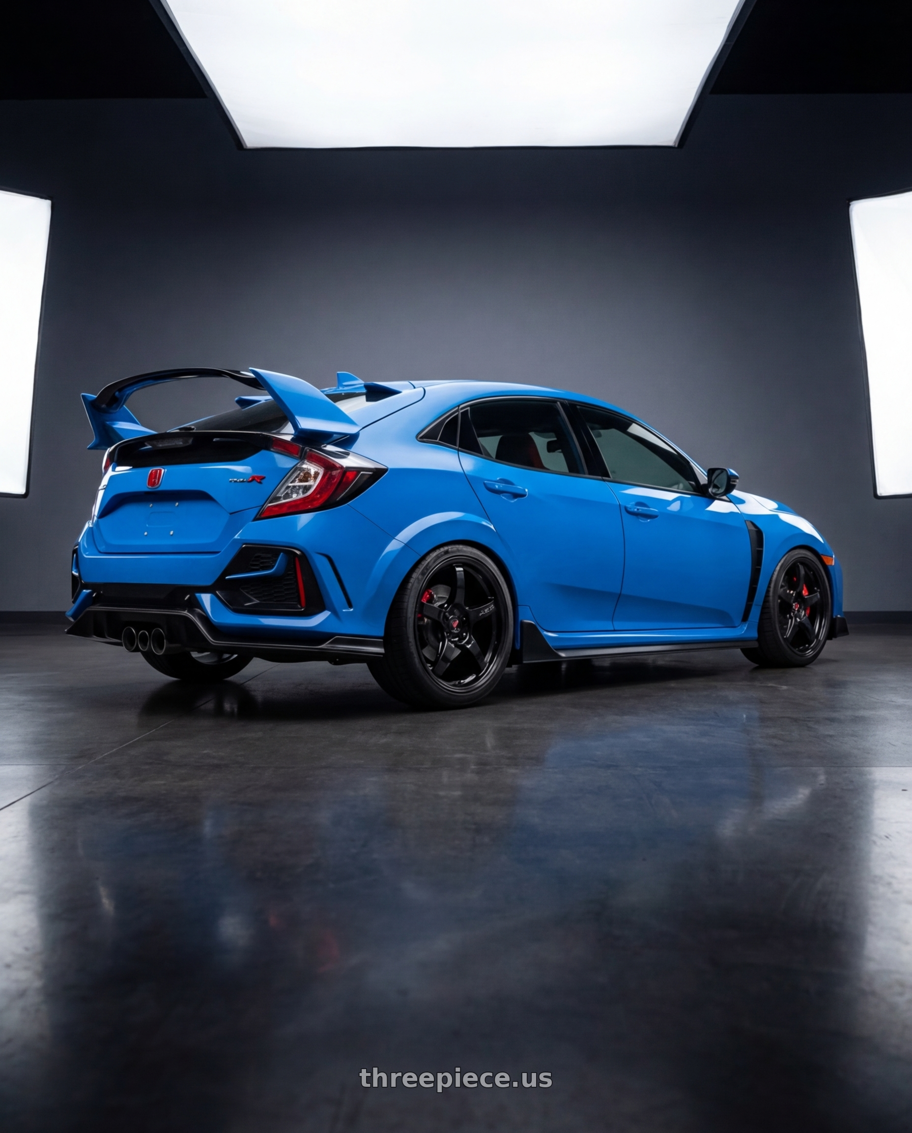2020 Honda Civic Type R with Gram Lights 57CR 5x120 19x10.5+35 Glossy Black wheels rear three quarter view square tires