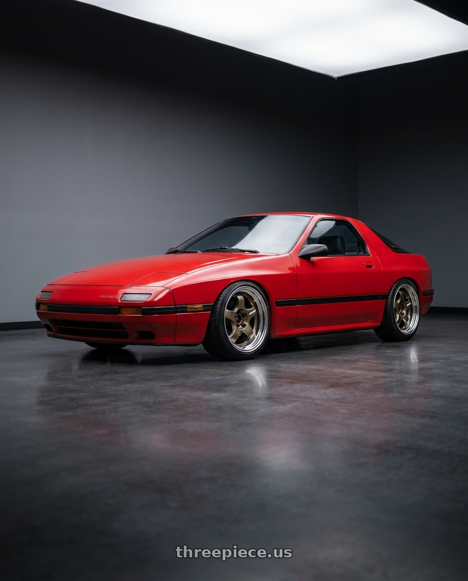 1987 Mazda Rx7 Base Red with Work Meister S1 2P 4x114.3 15x7+38 R Disk Titanium Gold wheels