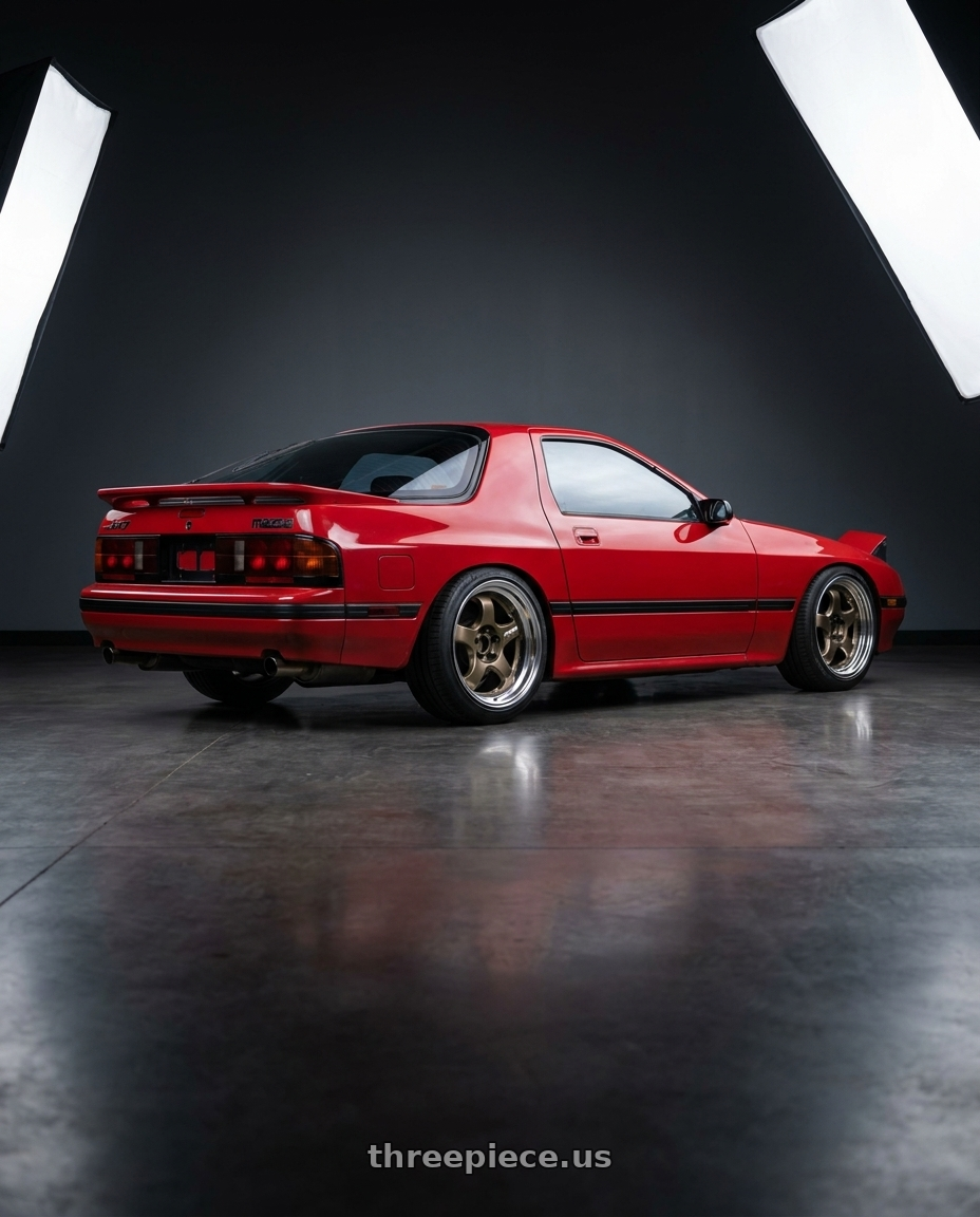 1987 Mazda Rx7 Base Red with Work Meister S1 2P 4x114.3 15x7+38 R Disk Titanium Gold wheels rear three quarter view slight stretch tires