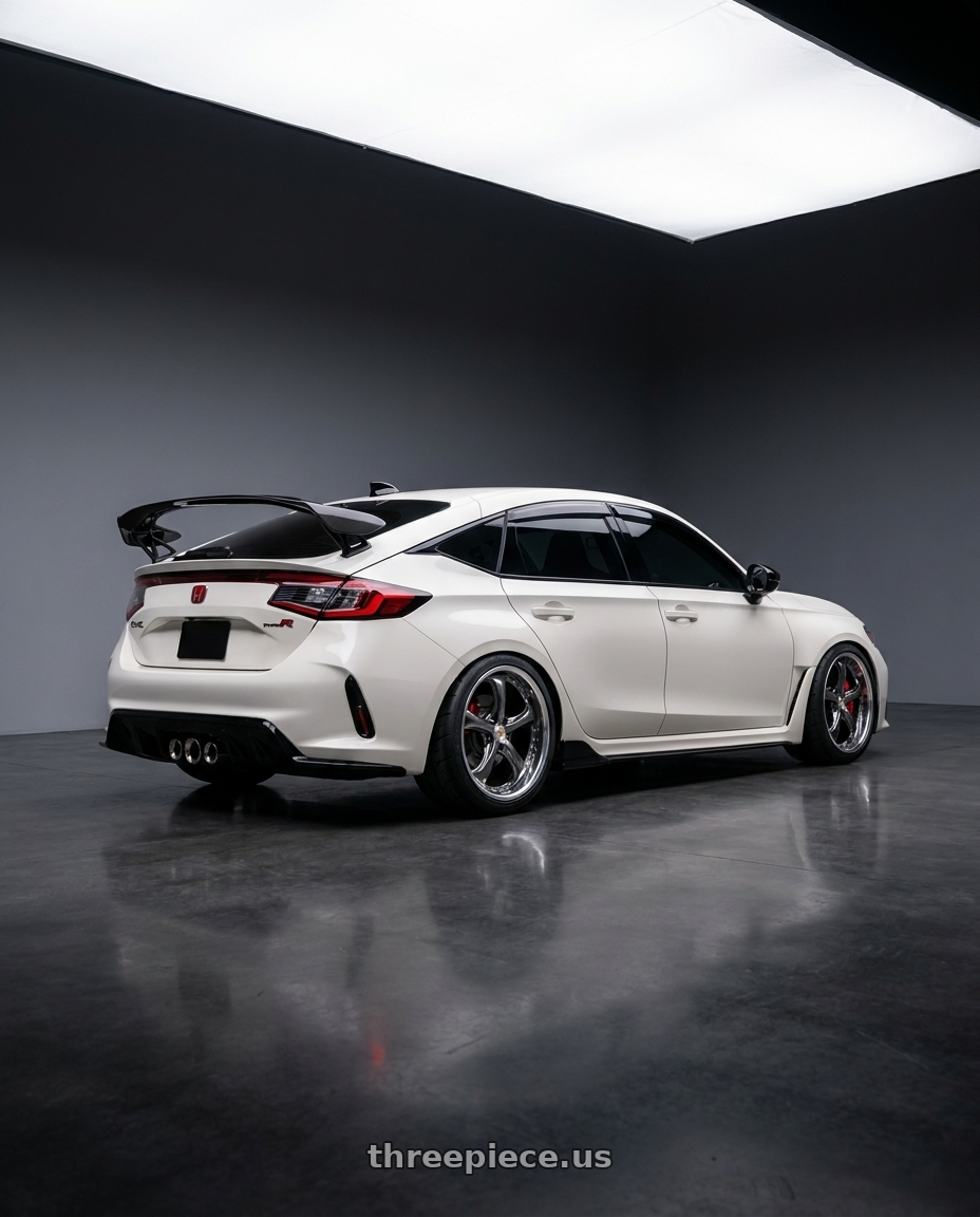 2023 Honda civic type r with Work Wheels VS-KF 5x120 19x9.5+35 Brilliant Silver Black L Disk FULL REVERSE wheels rear three quarter view meaty tires