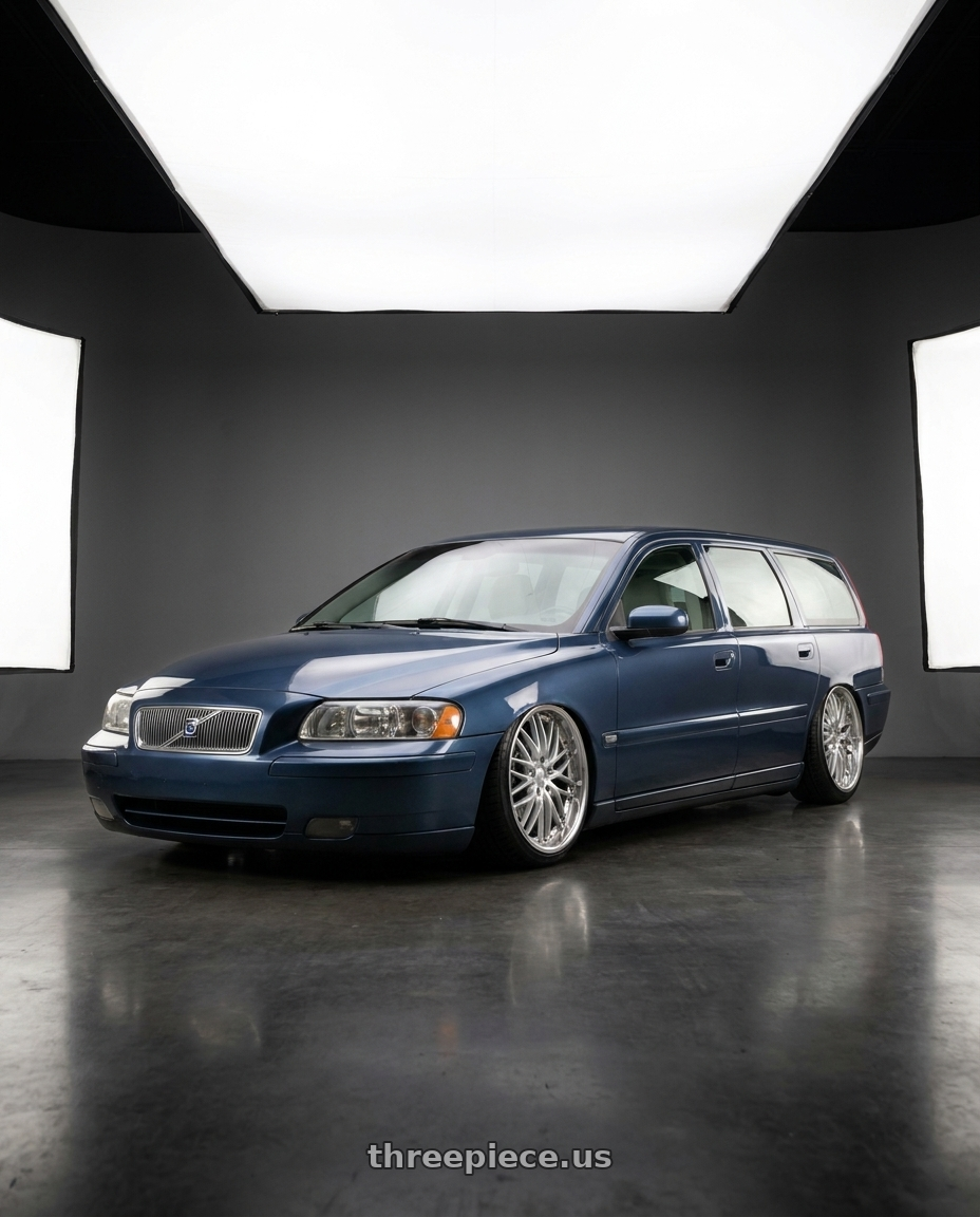 2007 Volvo V70 2.4 with MRR GT1 5x108 18x8.5  +35 Hyper Silver Machine Lip wheels front three quarter view stanced stance
