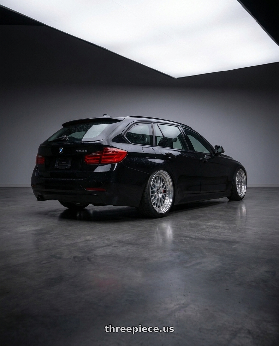 2014 BMW 328d with Work Vs-Xv 5x120 19x8.5+47 A Disk Silky Rich Silver wheels rear three quarter view square tires