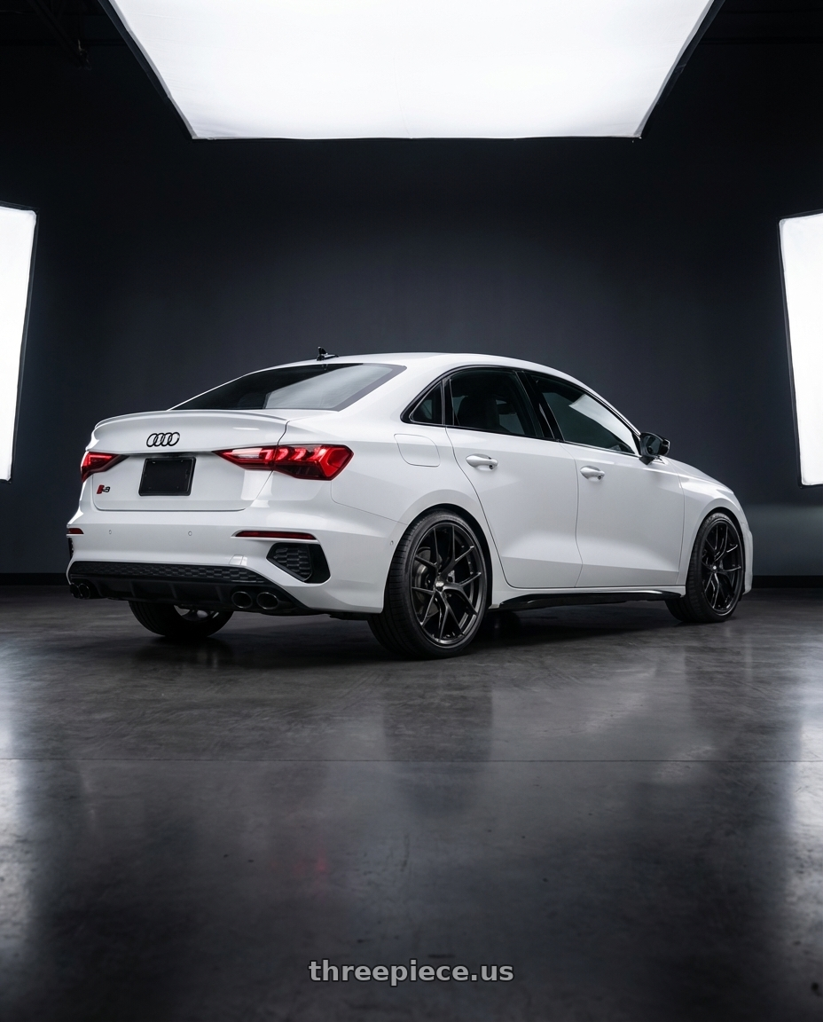 2024 Audi S3 8Y with BBS FI-R Evo 5x112 19x9.5+15 Satin Black wheels rear three quarter view square tires