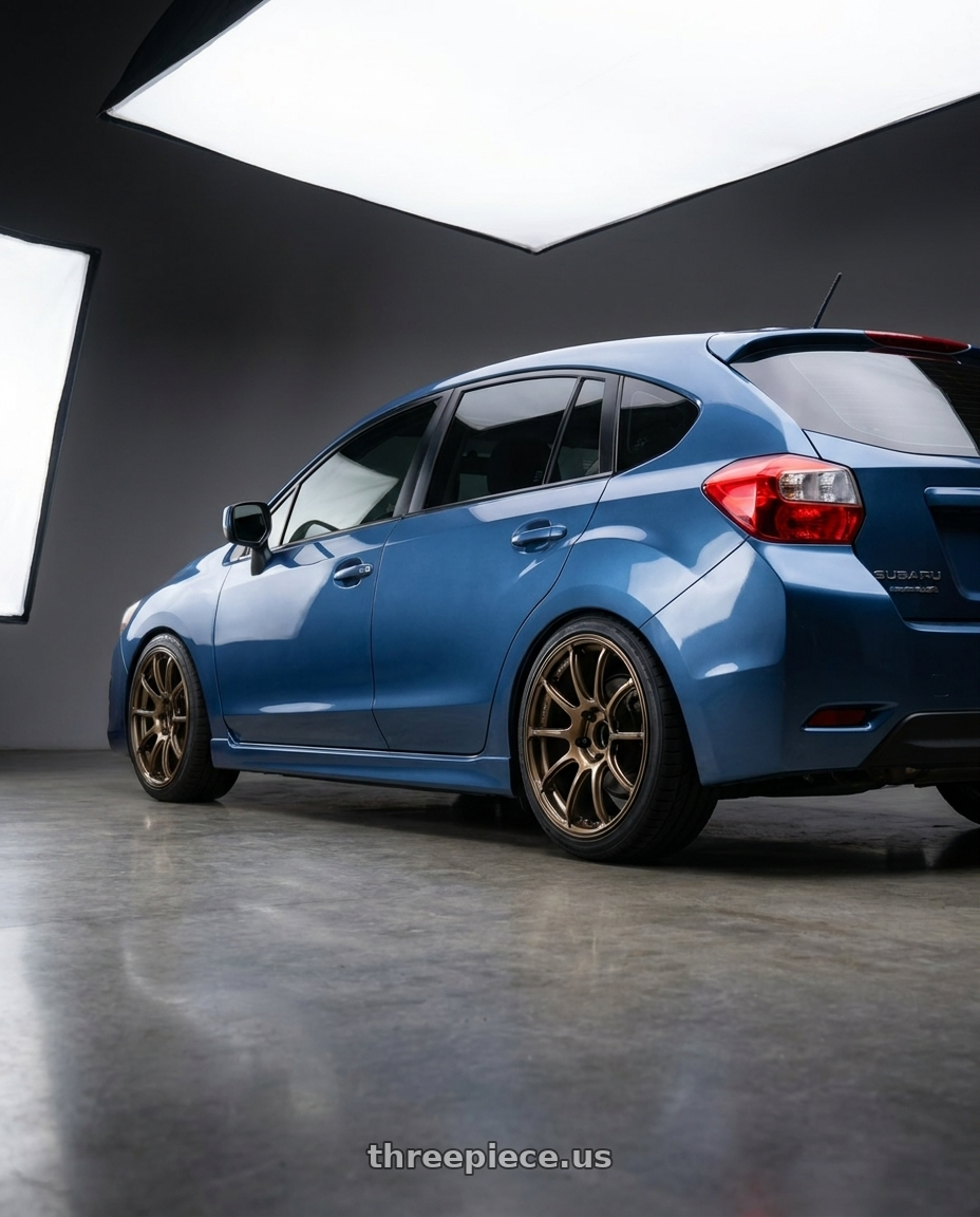 2016 Subaru Impreza  with Advan Racing RZII 5x100 18x8.5 +45 RACING BRONZE wheels rear three quarter view square tires