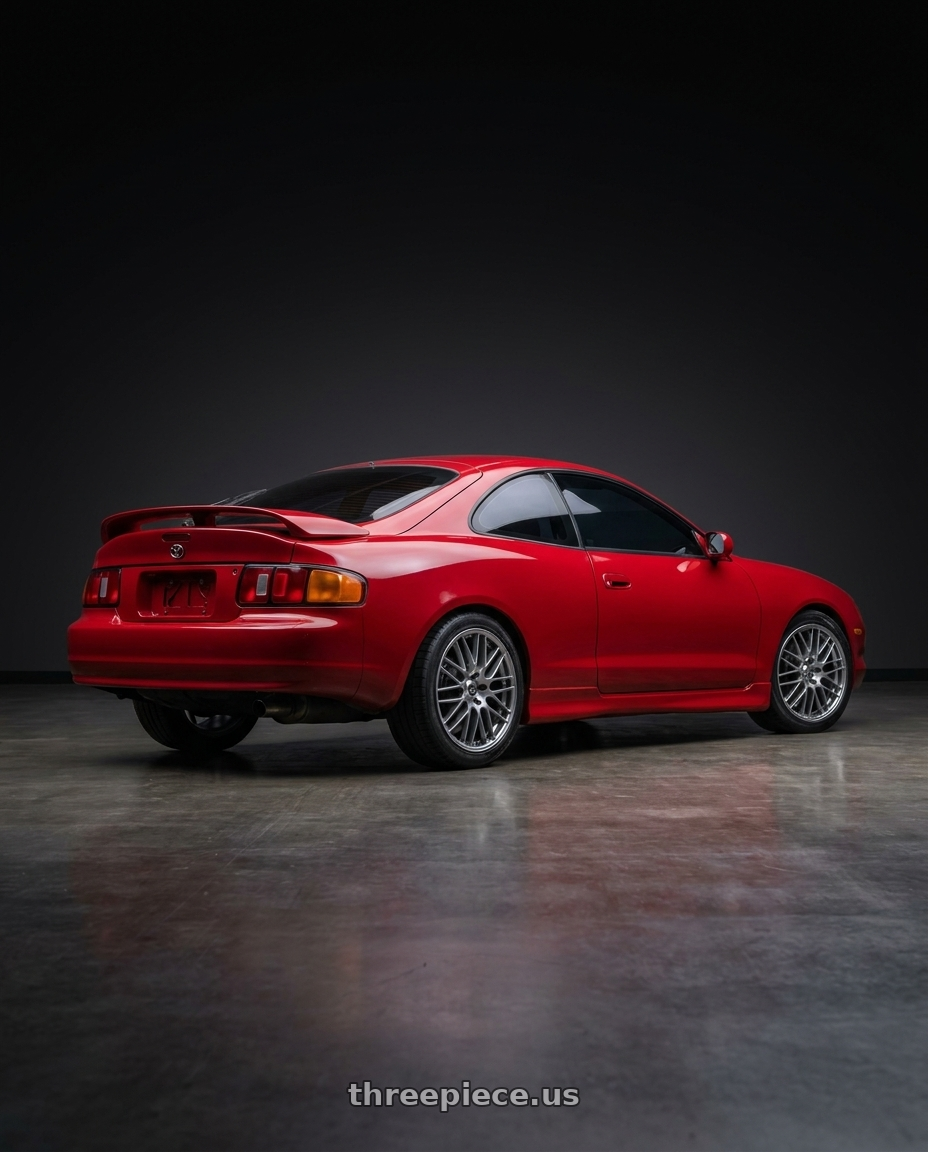 1994 toyota celica gt with Enkei EKM3 5x100 18x7.5+45 Hyper Silver wheels rear three quarter view square tires