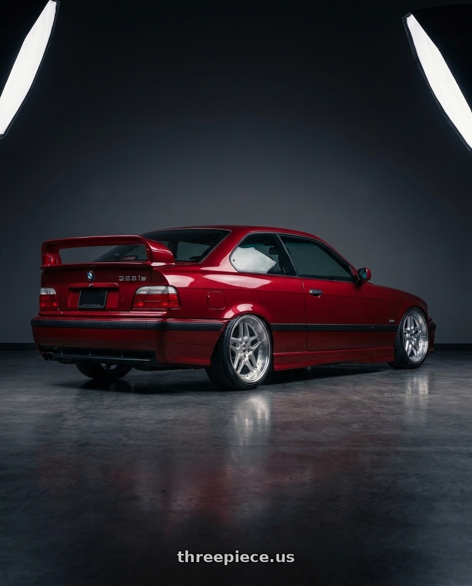 1996 BMW E36 328is with Vors AR5 5x120 17x9 +30 Silver Machine Face Lip Chrome Rivet wheels rear three quarter view square tires