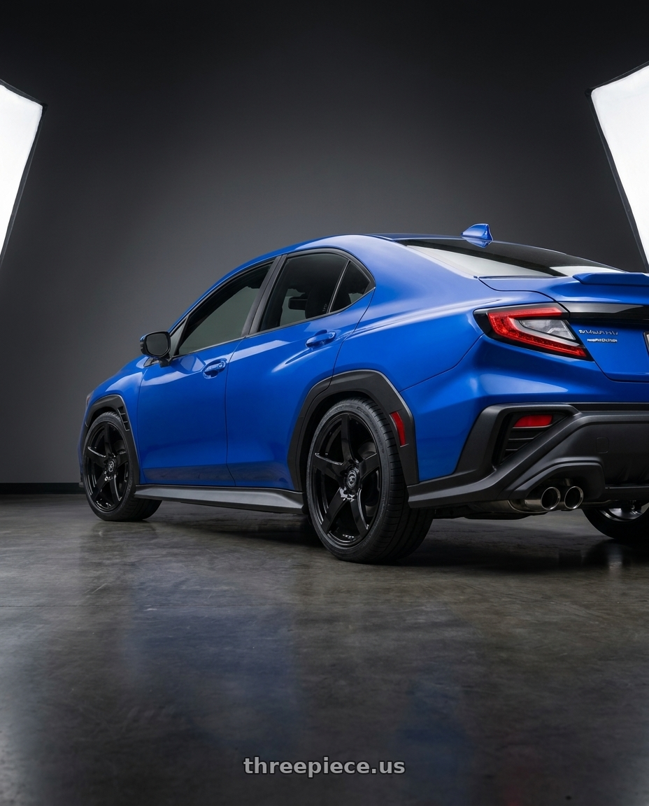 2024 Subaru WRX with Forgestar CF5 5x114.3 18x10 +42 Gloss Black wheels rear three quarter view square tires