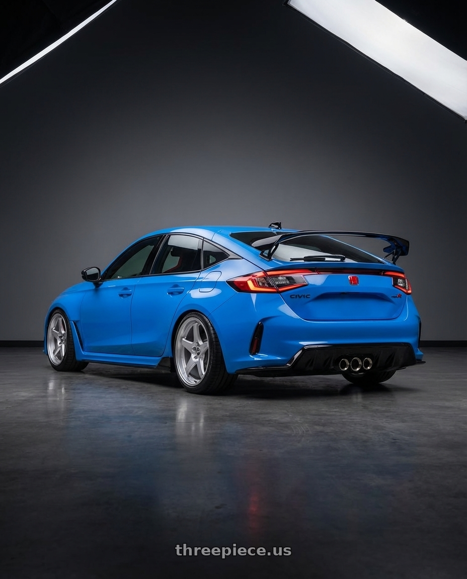 2024 Honda Civic Type R with ESR Wheels APEX SERIES AP5 5x120 19x8.5 +30 Hyper Silver wheels rear three quarter view square tires