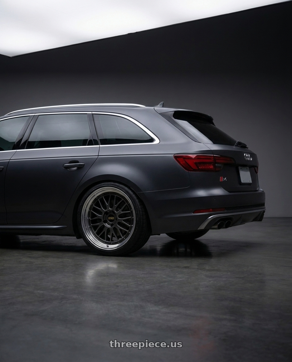 2017 Audi S4 Avant B9 with BBS LM 5x114.3 18x9.5+38 Diamond Black wheels rear three quarter view square tires