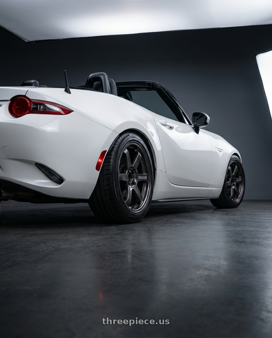 2018 Mazda Mx-5 with Volk Racing TE37 SONIC 4x100 16x8 +35 wheels rear three quarter view square tires