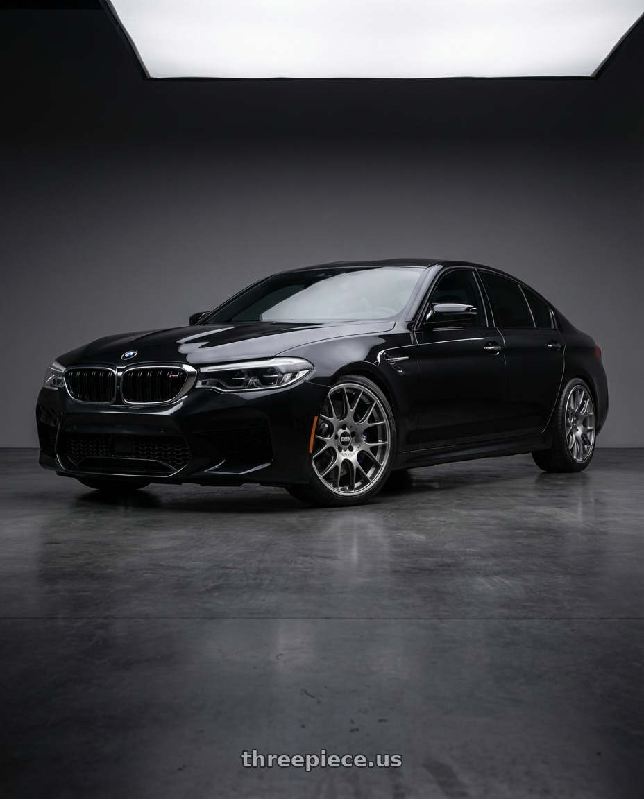 2018 BMW M5 with BBS CH-R 5x112 20x10.5 +25 Satin Titanium Polished Rim Protector wheels front three quarter view lowered stance