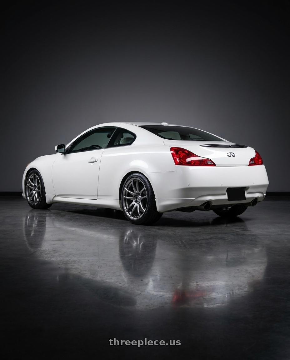 2008 Infiniti g37 with Work Emotion Cr Kiwami 5x100 19x10.5 +22 Gt Silver wheels rear three quarter view square tires