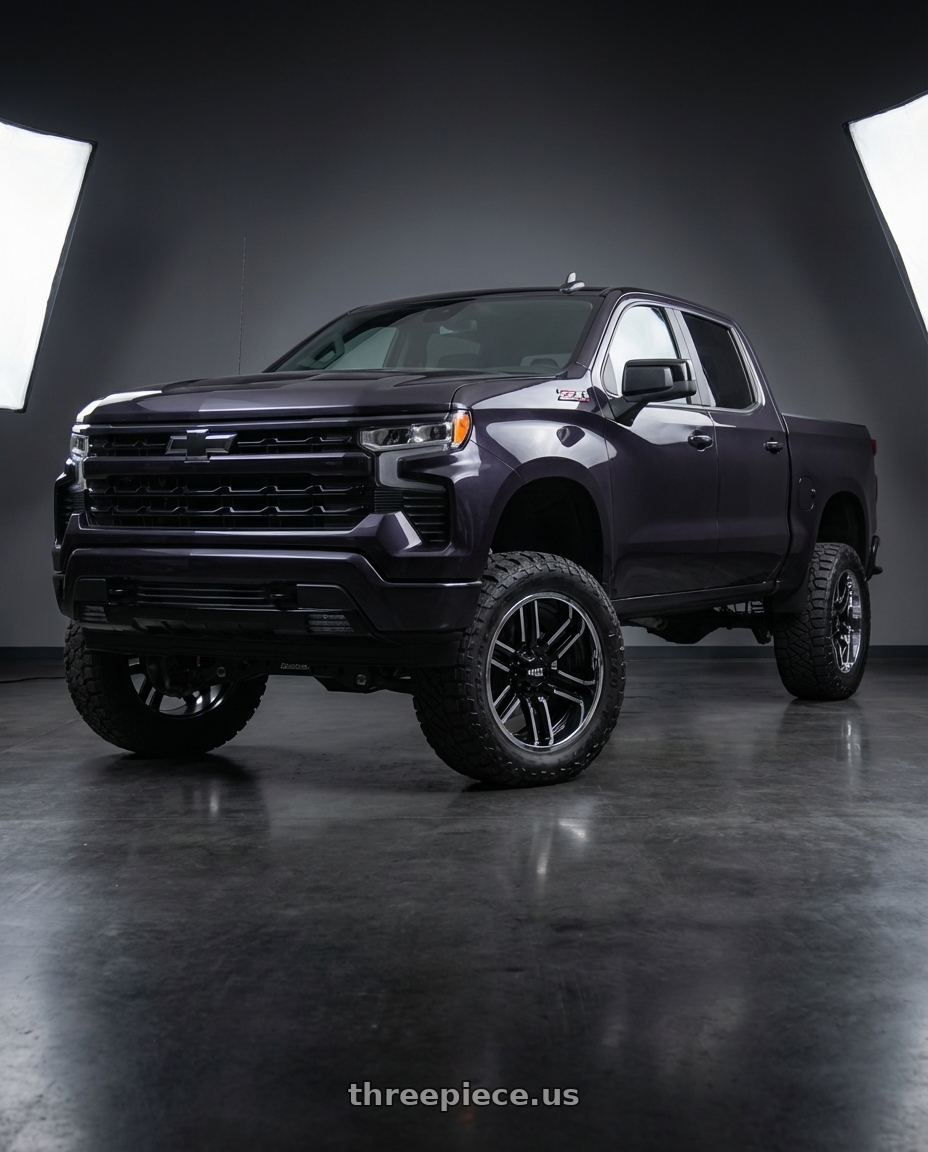 2023 Chevrolet Silverado 1500 with Moto Metal MO202 6X139.7 22X10 -18 GLOSS BLACK MACHINED CENTER CHROME LIP wheels