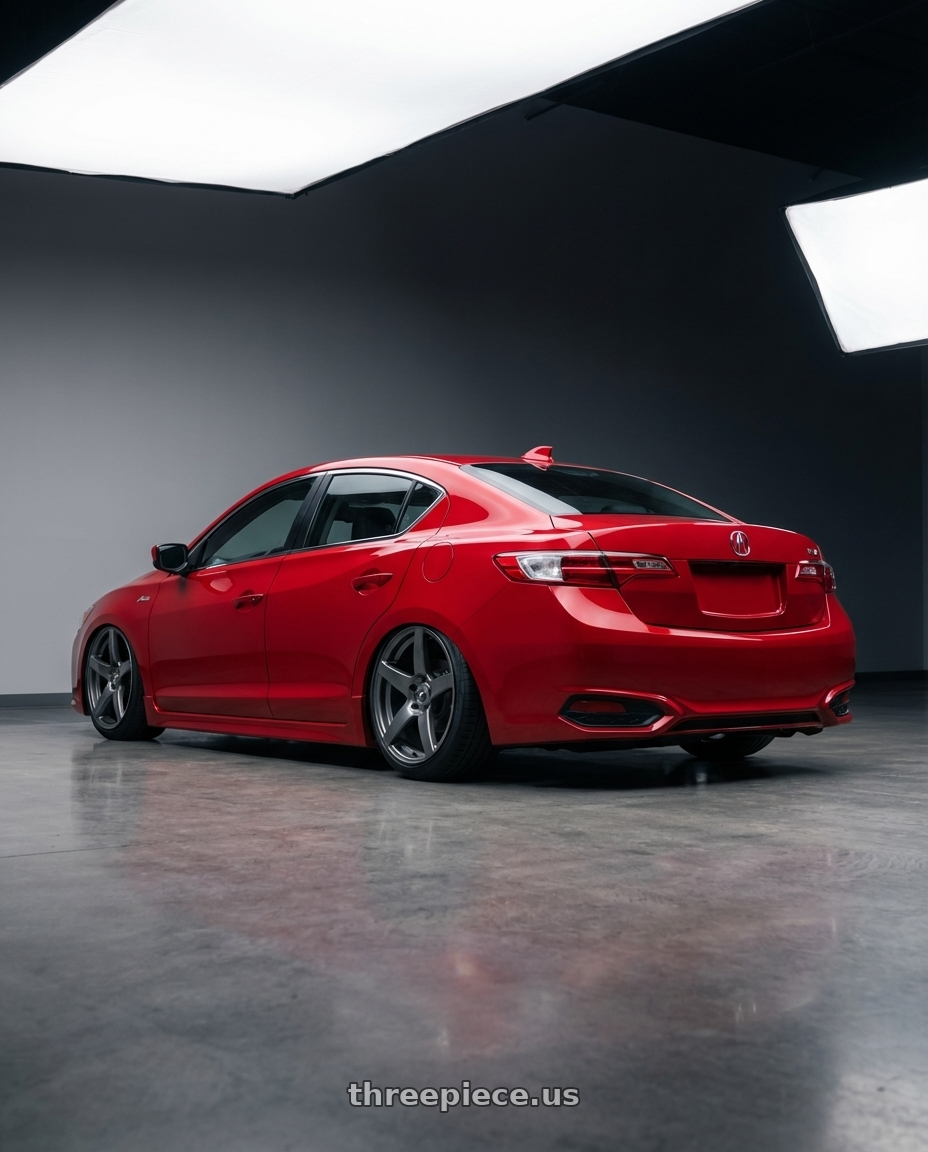 2012 Acura ILX with Forgestar CF5 5x114.3 18x9 +35 Gloss Anthracite wheels rear three quarter view slight stretch tires