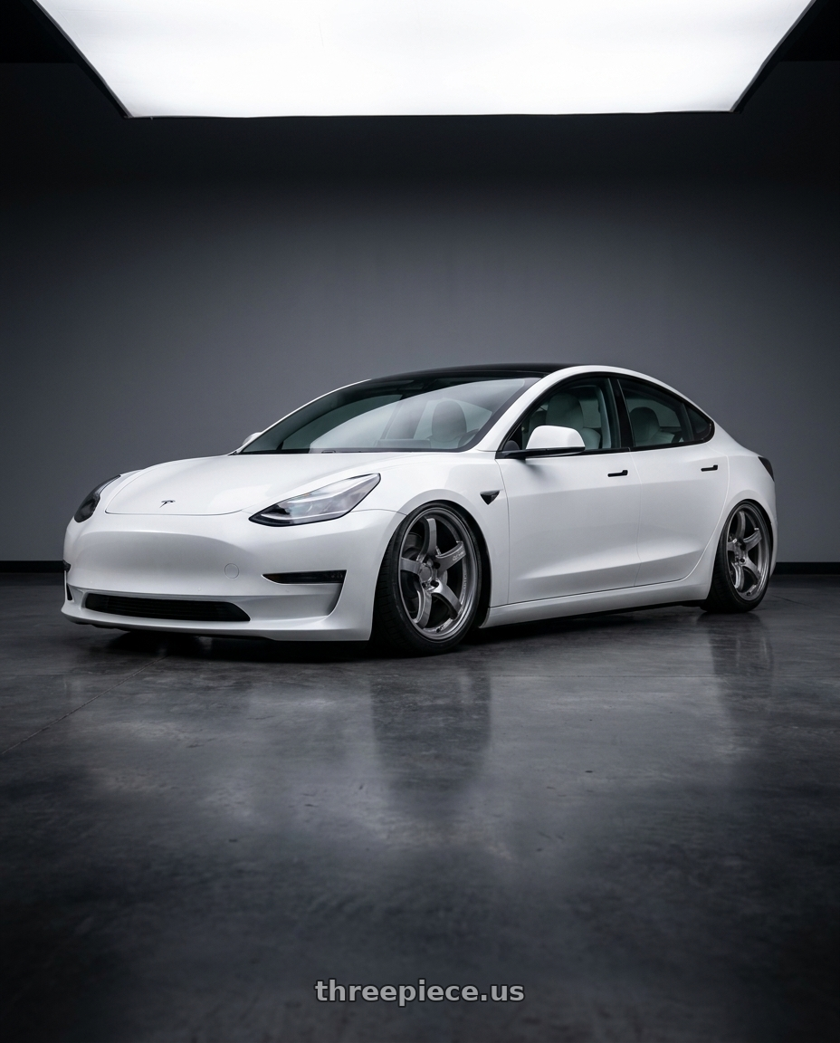 2021 tesla model 3 sr+ white with Gram Lights 57CR 5x114.3 19x9.5 +35 GLOSSY GRAY wheels