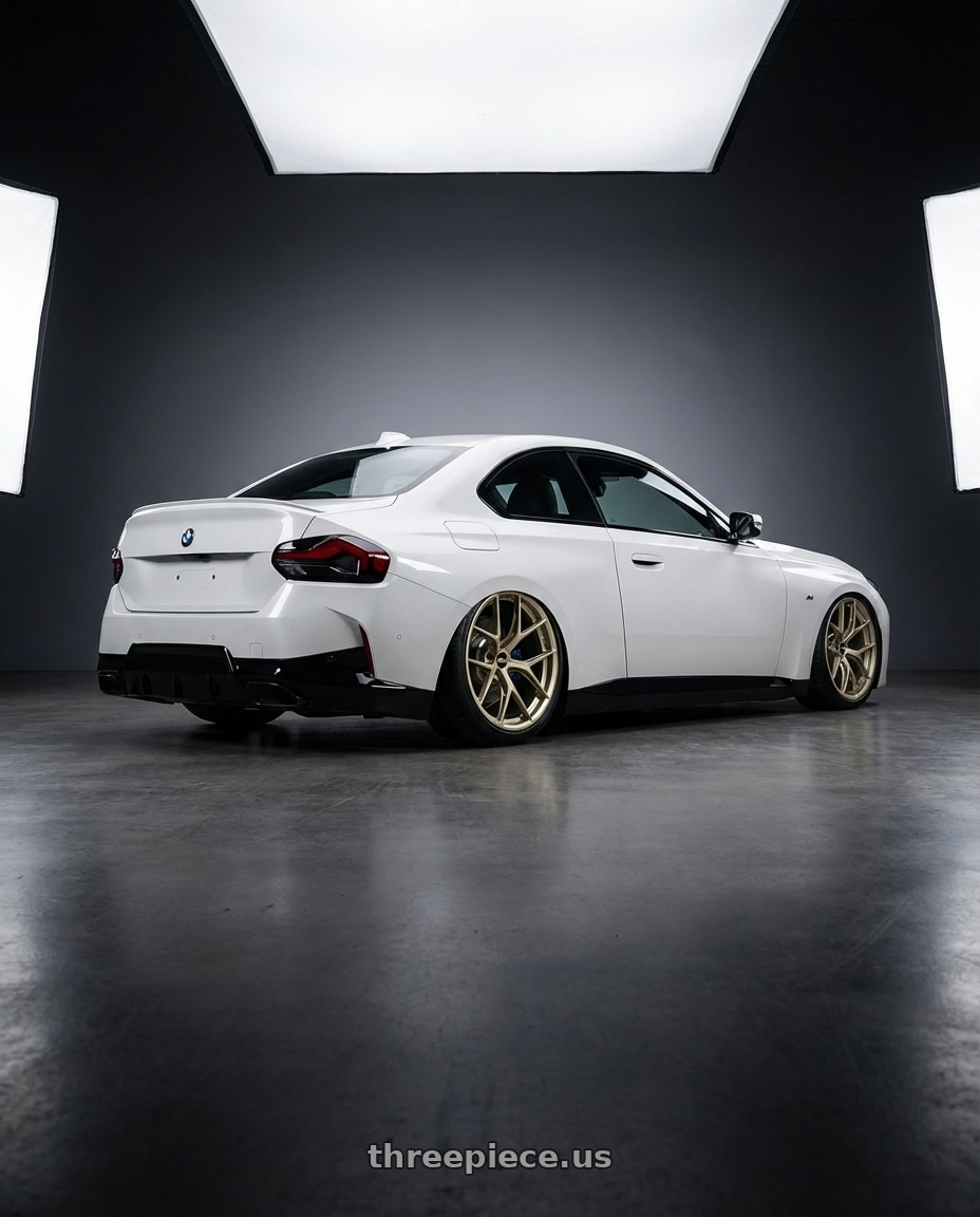 2024 BMW 2 Series G42 with BBS FI-R Evo 5x112 19x9.5+15 White Gold wheels rear three quarter view slight stretch tires
