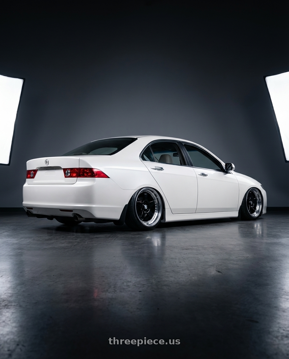 2006 Acura Tsx  with Konig SSM 5x114.3 18x8+35 Gloss Black w/ Machined Lip wheels rear three quarter view slight stretch tires