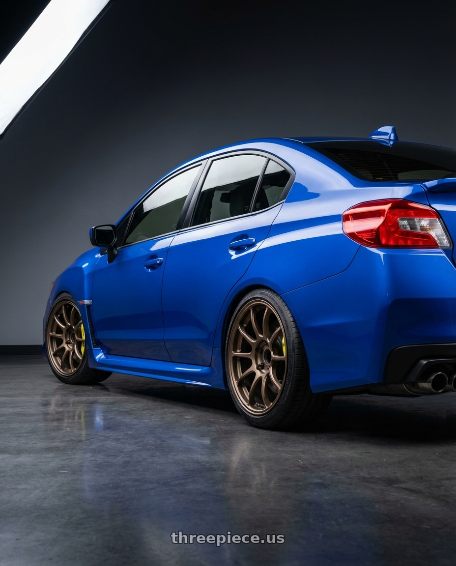 2019 Subaru WRX STI Base Blue with Volk Racing ZE40 5x114.3 18x9.5 +22 SHINING BRONZE METAL wheels rear three quarter view square tires