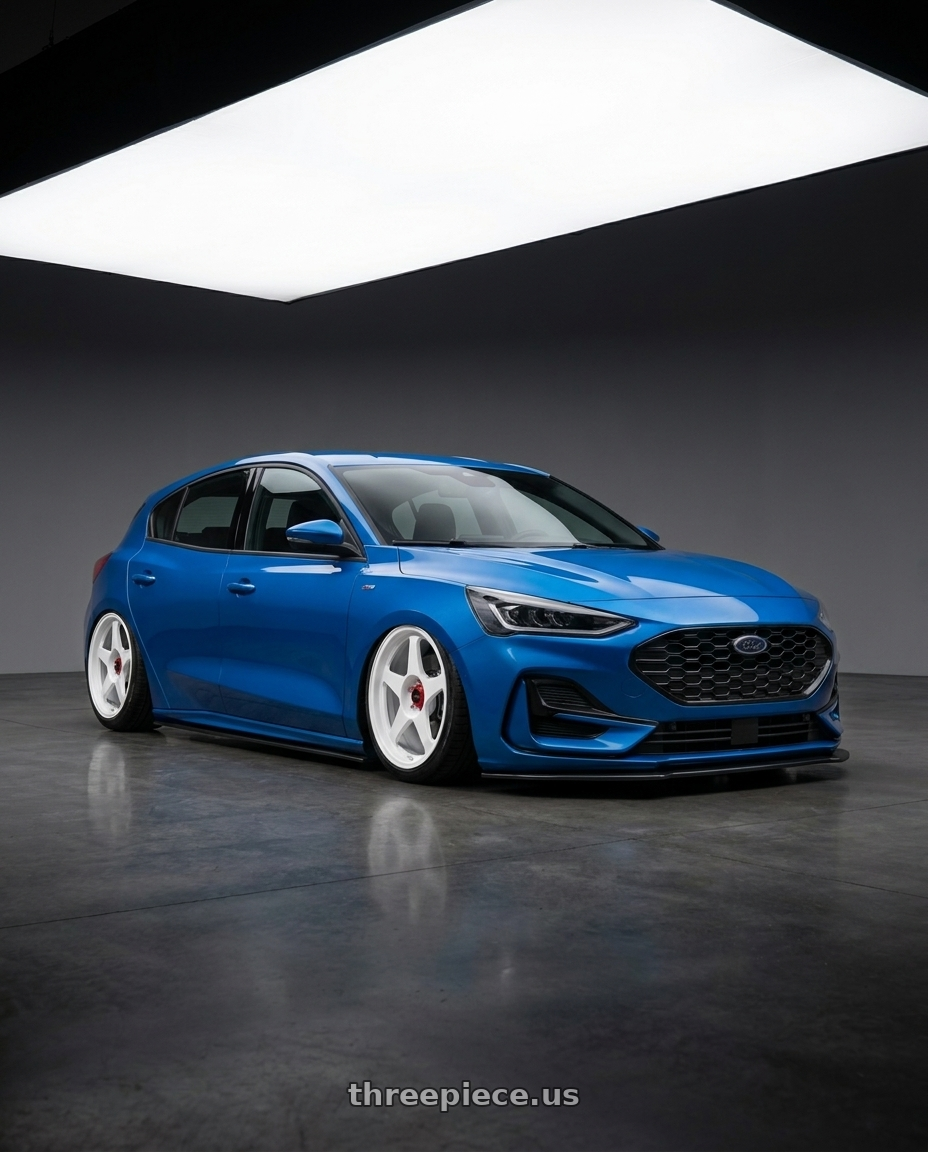 2024 Ford focus stlineislandblue with R6061 Forged R1 5x108 18X8.5 +35 Championship White wheels