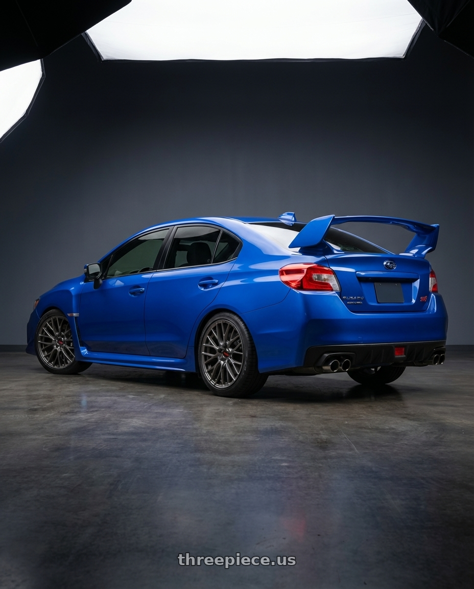 2013 Subaru WRX STI with Konig Ampliform 5x114.3 18x8.5+35 Dark Metallic Graphite wheels rear three quarter view square tires