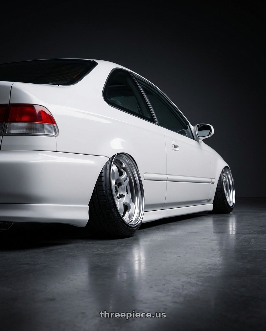 2000 honda civic with Work Meister S1 2P 4x100 15x7.5+12 O Disk Silver wheels rear three quarter view extreme stretch tires