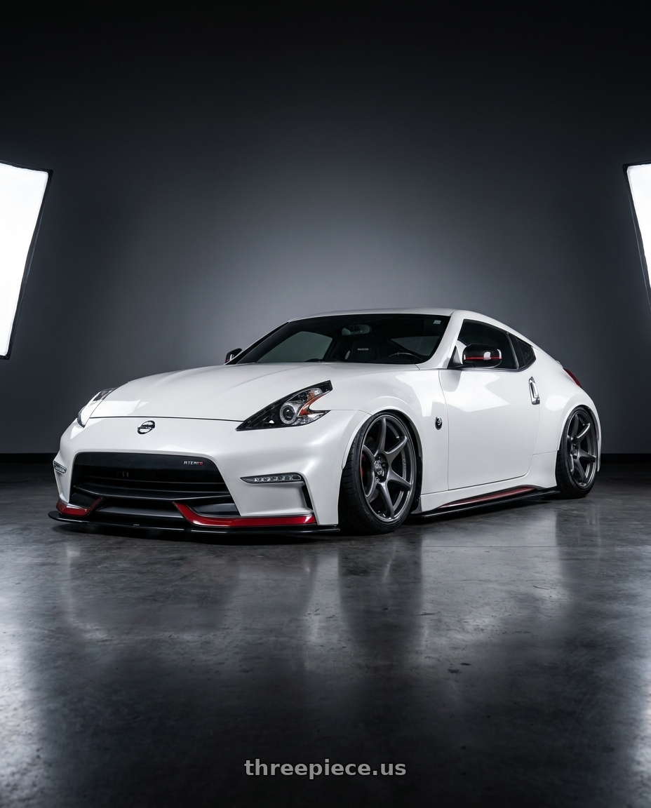 2016 Nissan 370Z Nismo V2 White with Kansei K11G Tandem 5x114.3 19x9.5 22 Gunmetal wheels