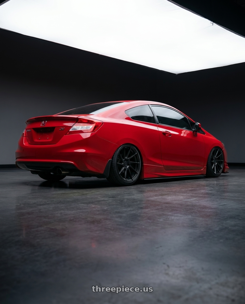 2011 Honda Civic Si with Aodhan AH09 5x114.3 18x8.5 +35 Matte Black wheels rear three quarter view slight stretch tires