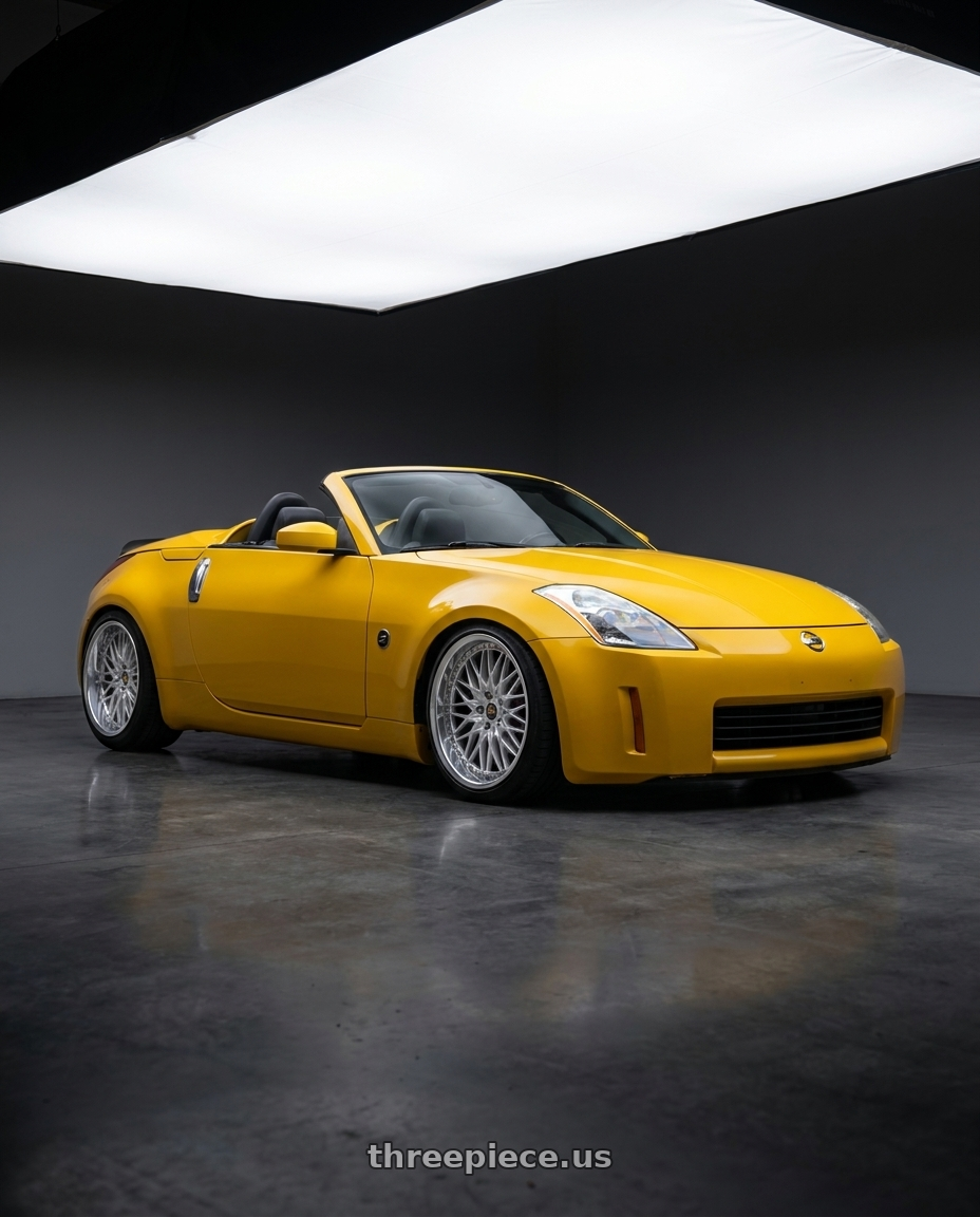 2005 Nissan 350z yellow with Work Vs-Xv 5x114.3 18x9.5+22 L Disk Silky Rich Silver wheels