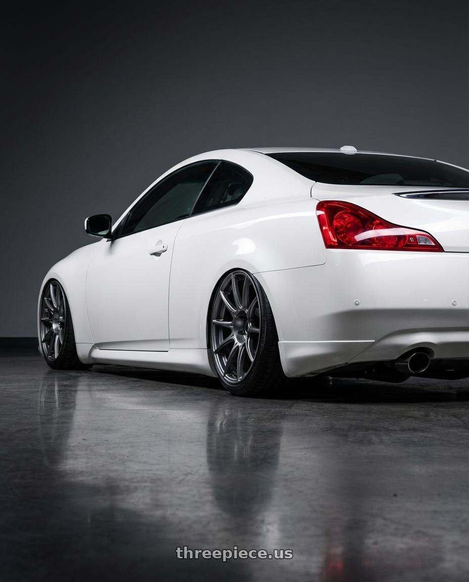 2014 Infiniti G37 Coupe with Ssr Gtx01 5x114.3 19x9.5+35  DARK SILVER wheels rear three quarter view slight stretch tires