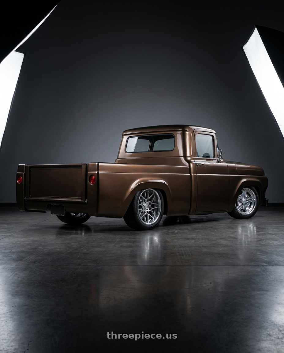 1960 ford f100 with Performance Replicas PR178 5X114.3 19X10 +48 HYPER SILVER wheels rear three quarter view square tires