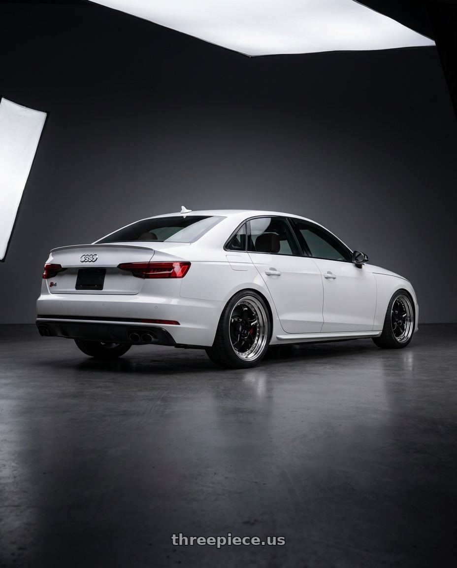 2020 Audi S4 with Work Meister S1 3P 5x100 18x9.5+67 A Disk Black wheels rear three quarter view square tires