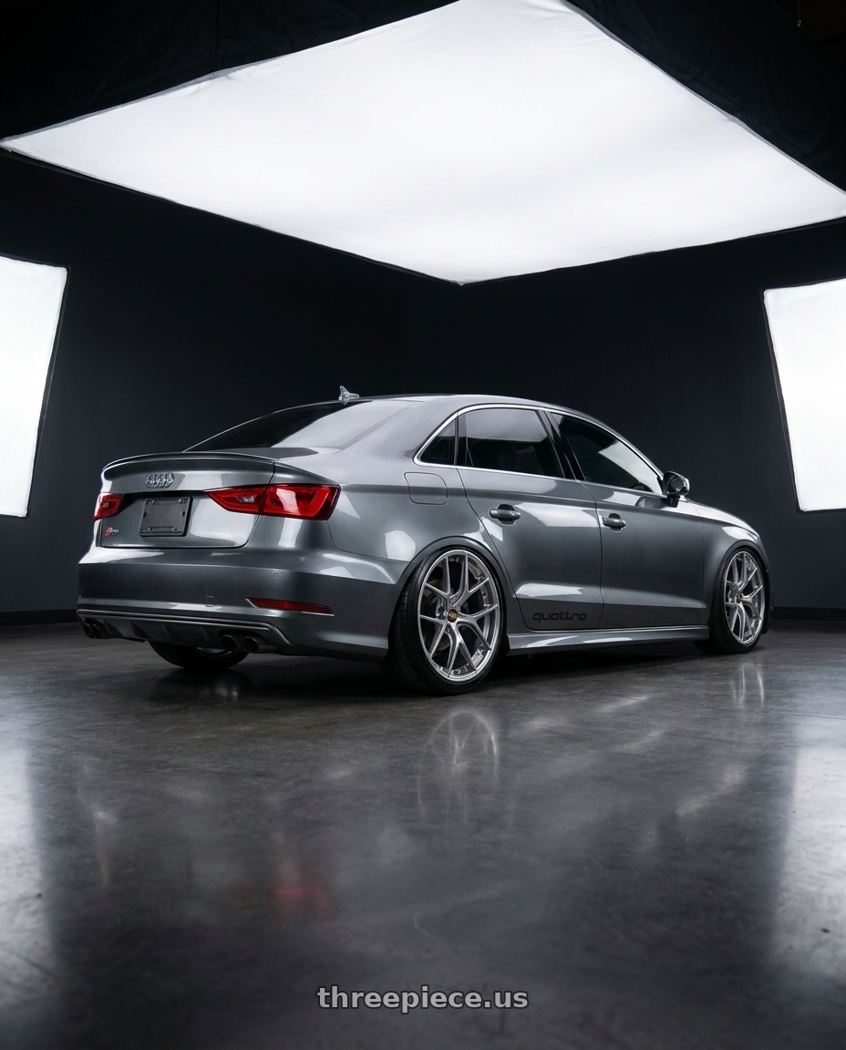 2016 Audi S3 with BBS RI-S 5x112 20x10.0+38 Diamond Silver wheels rear three quarter view extreme stretch tires