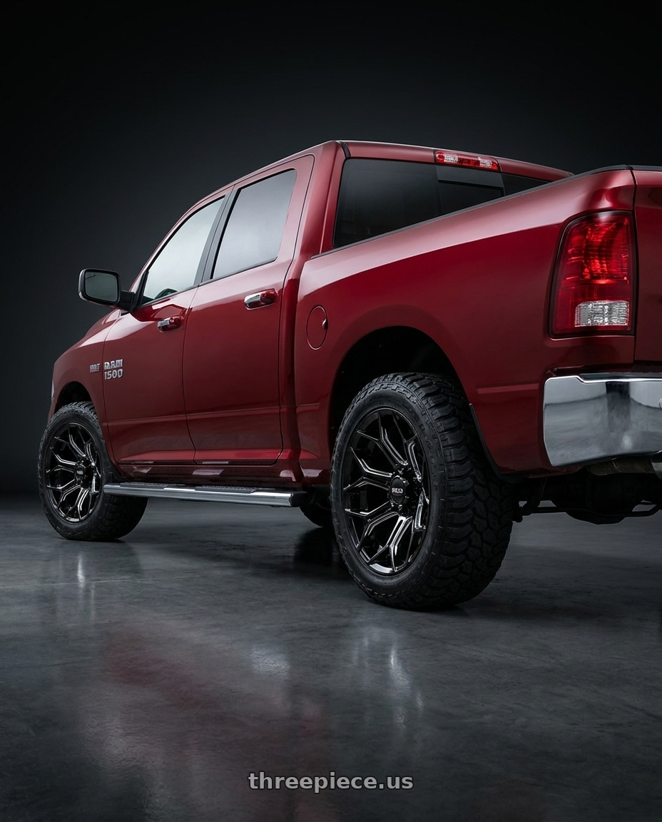 2018 ram 1500 with WELD Off-Road Gradient 5x139.7 20x10 -18 Gloss Black/Milled wheels rear three quarter view square tires