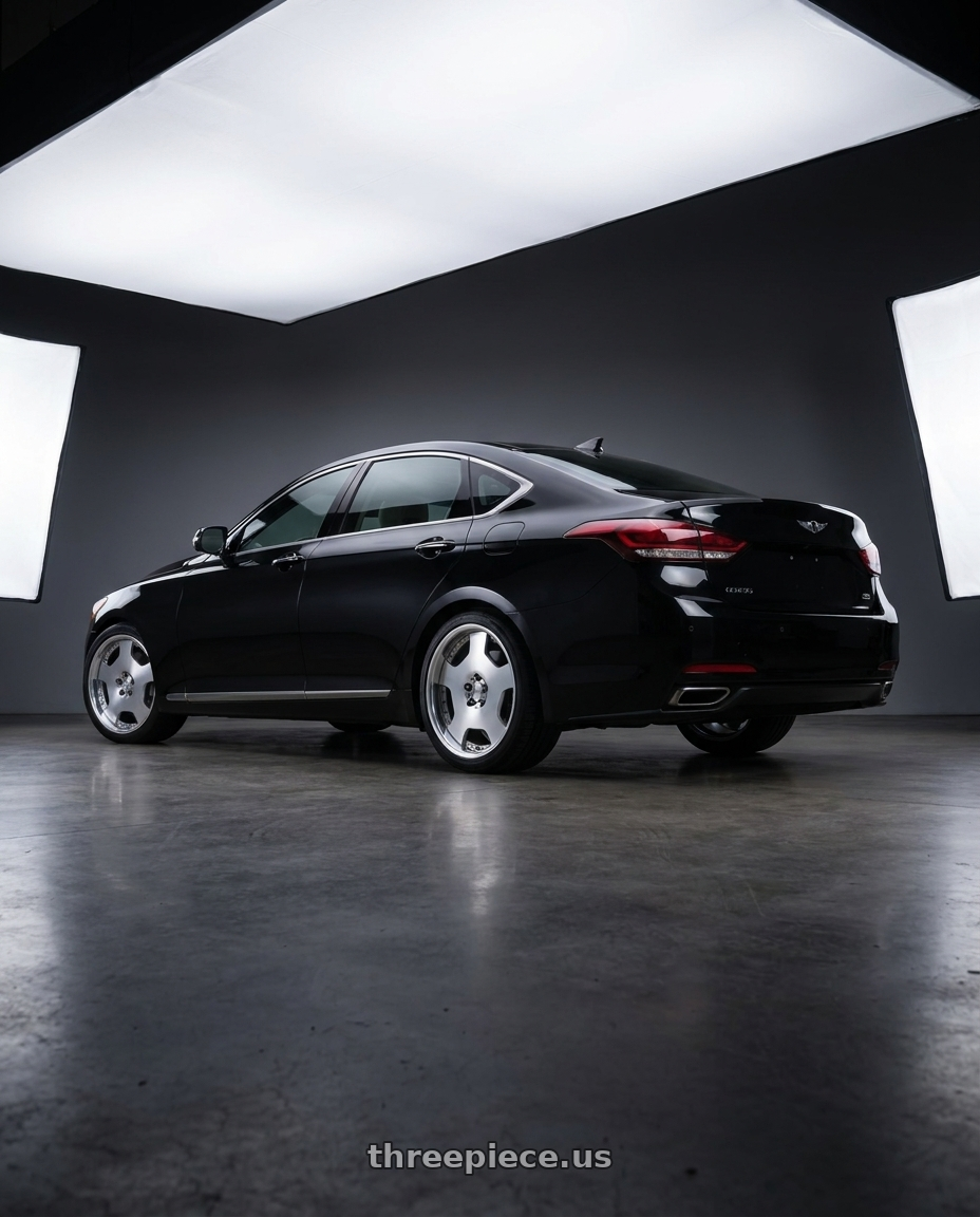 2016 hyundai genesis 3 8 with Work Lanvec Ld1 5x114.3 20x9+38 A Disk Machine Silver Polish wheels rear three quarter view square tires
