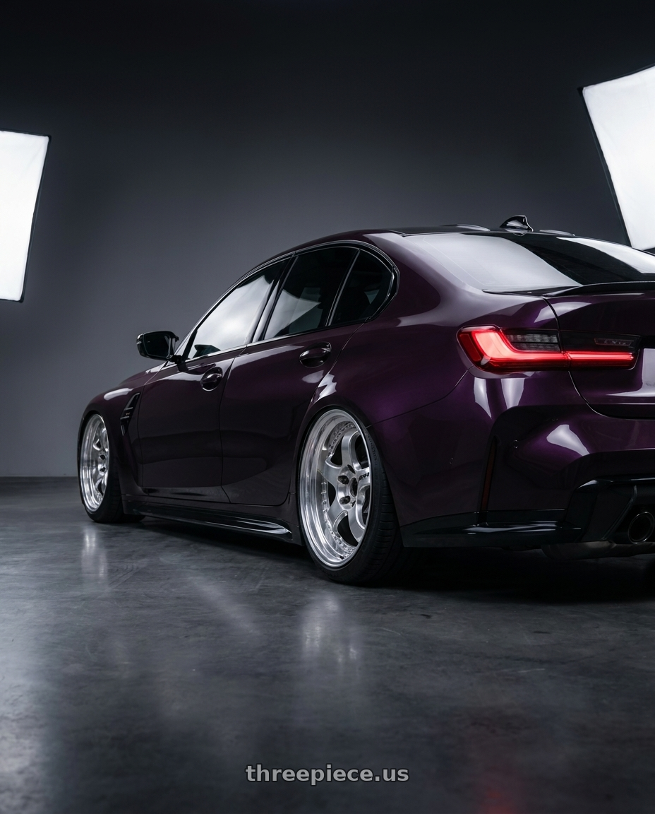 2023 bmw g80 with Work Meister S1 3P 5x112 19x9.5+17 T Disk Bright Buff Finish wheels rear three quarter view slight stretch tires