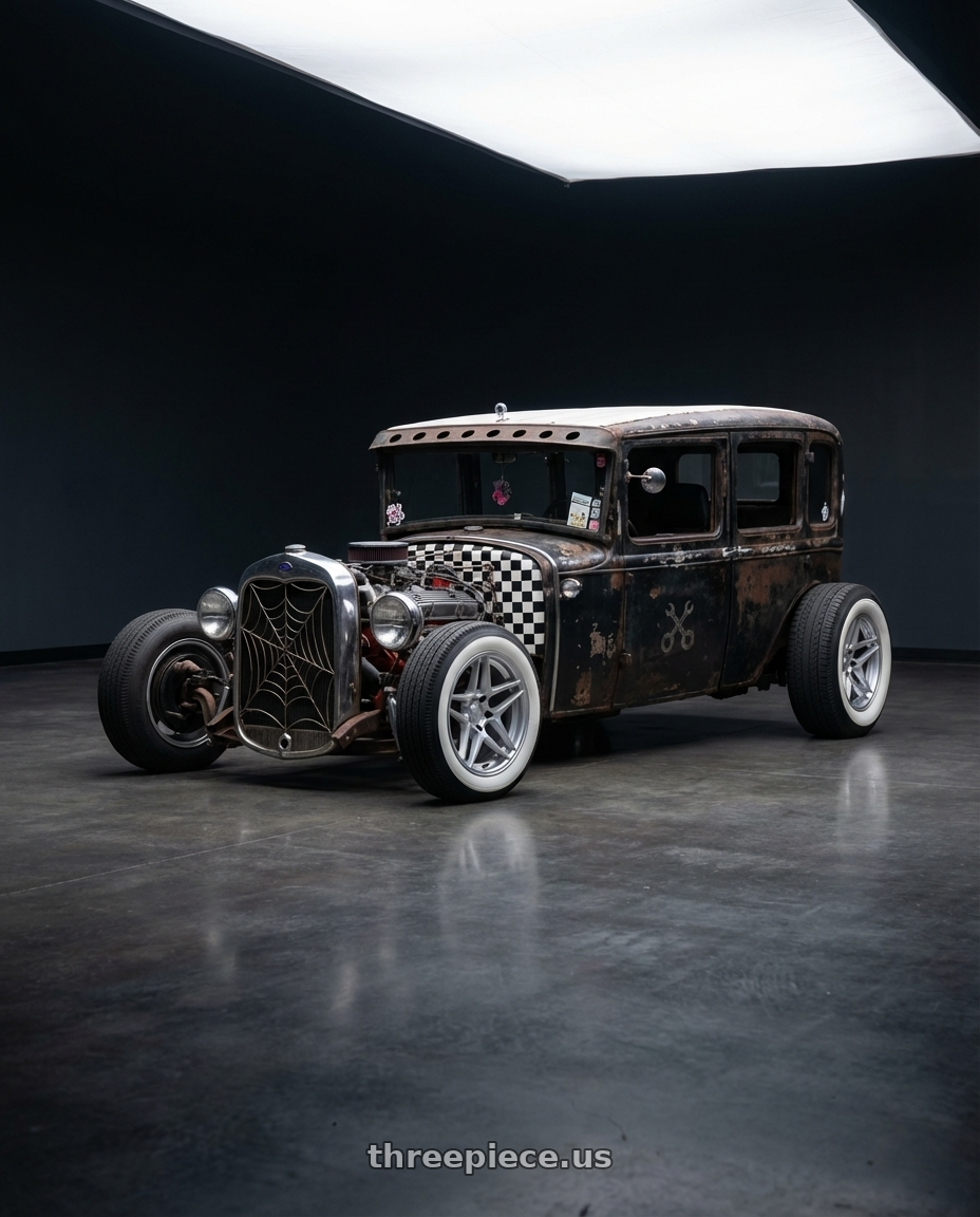 1960 model a  with Kansei K15H Astro 5x114.3 18x10.5 12 Hyper Silver wheels front three quarter view slammed stance