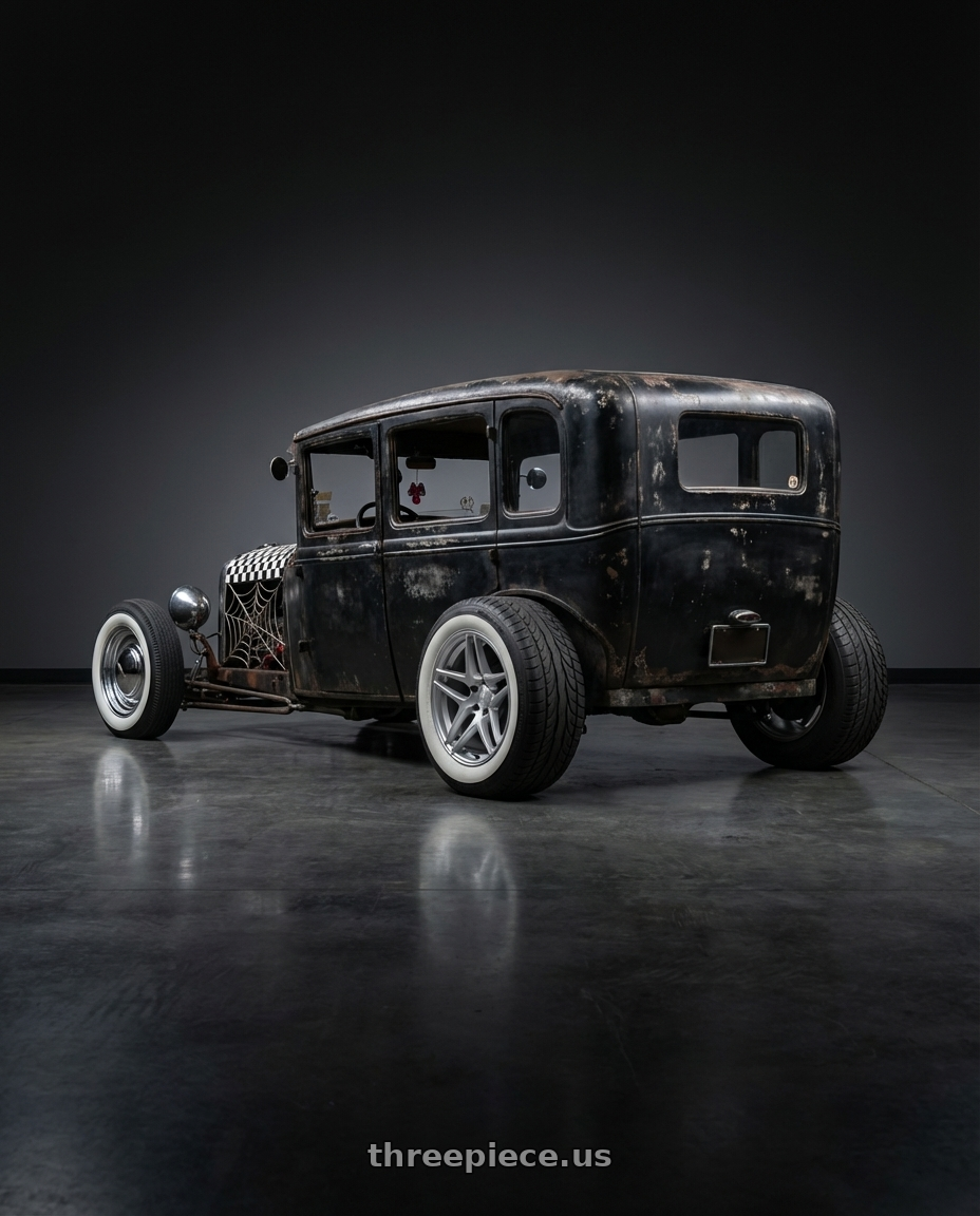 1960 model a  with Kansei K15H Astro 5x114.3 18x10.5 12 Hyper Silver wheels rear three quarter view meaty tires