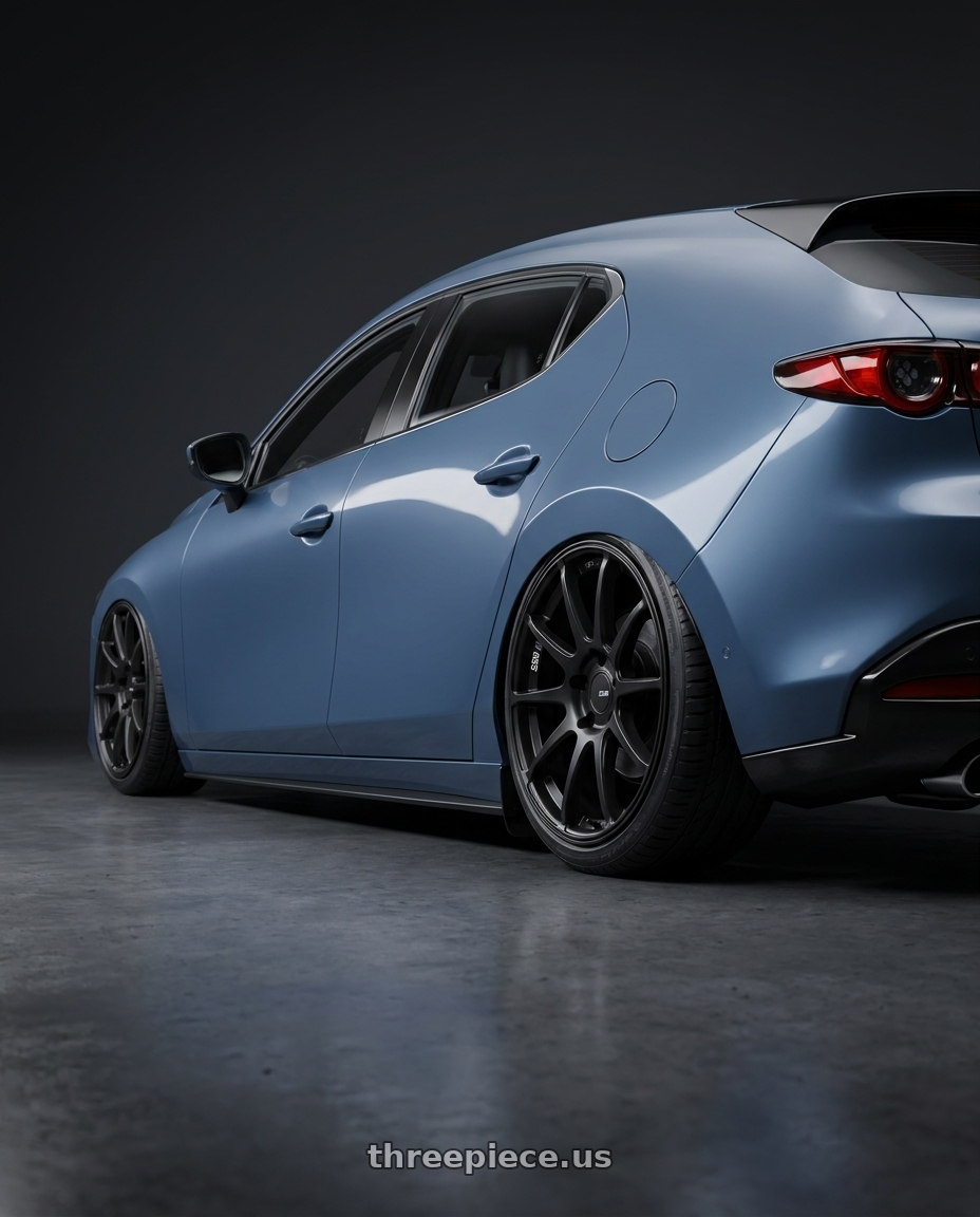 2023 Mazda Mazda3 Turbo with Ssr Gtv02 5x114.3 18x8.5+48  FLAT BLACK wheels rear three quarter view slight stretch tires