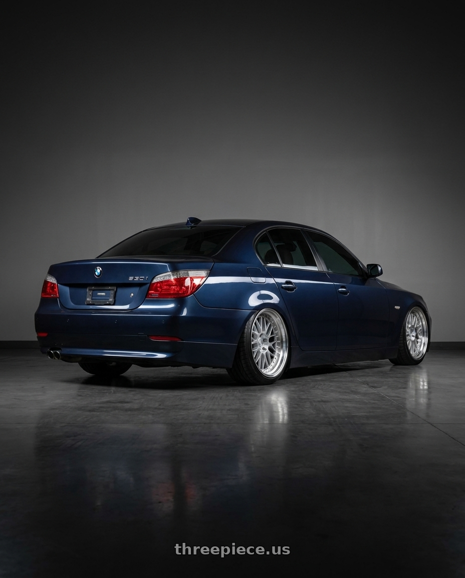 2004 bmw 530i with Aodhan AH02 5x120 18x9.5+35 Silver w/ Machined Lip wheels rear three quarter view slight stretch tires
