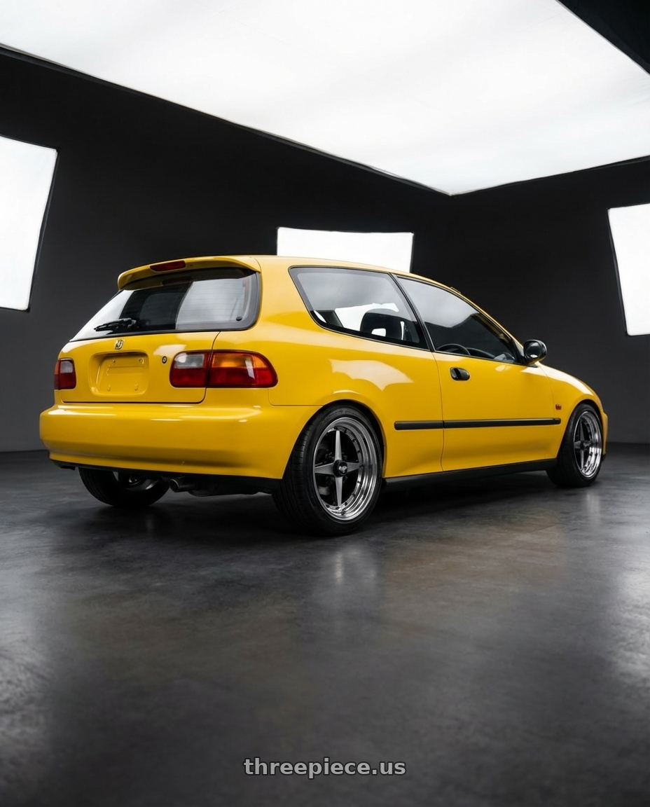 1995 honda civic cx with Equip 01 Black Polish 4x100 15x7.5 +16 wheels rear three quarter view slight stretch tires