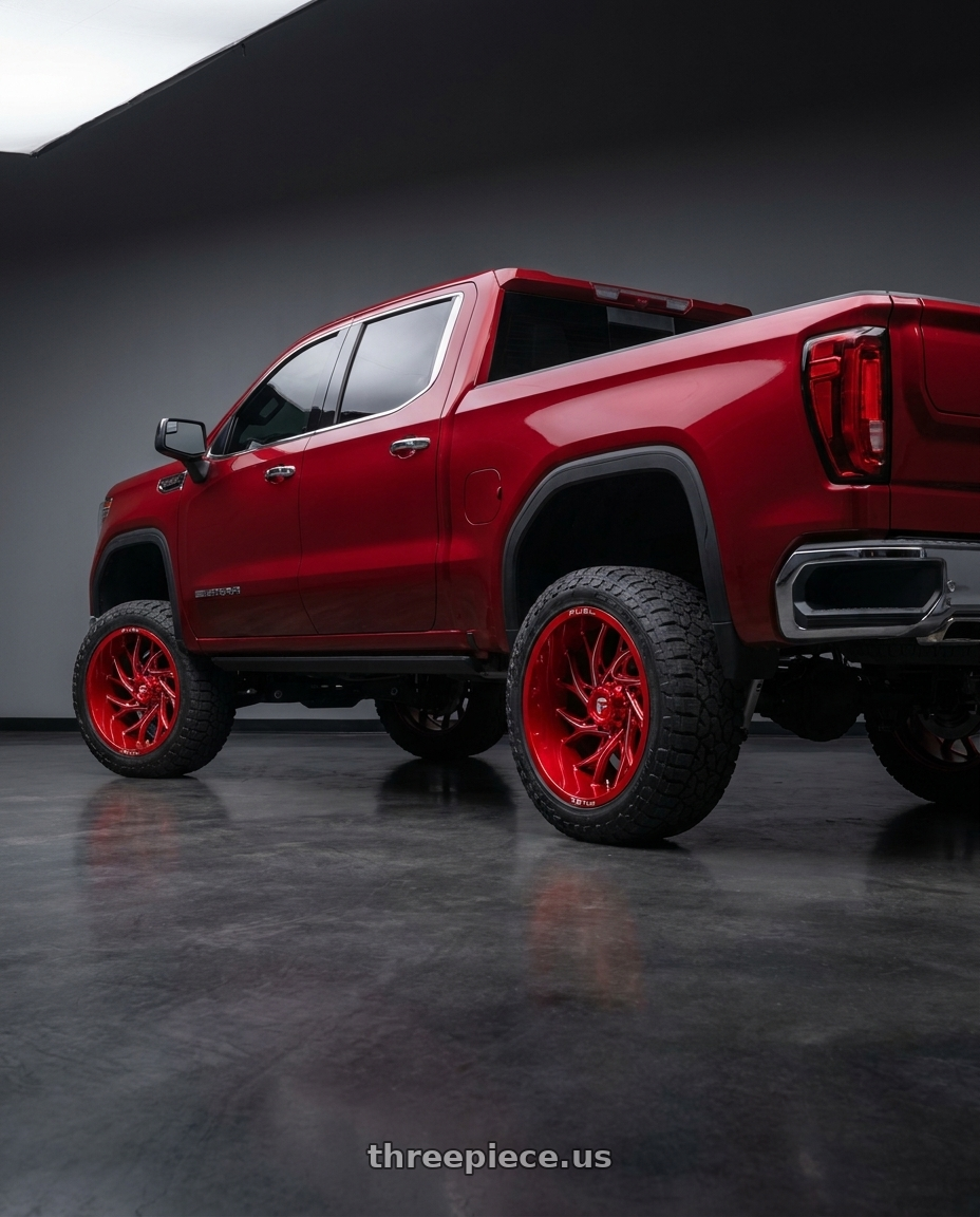 2020 gmc sierra 1500 with Fuel 1PC D742 RUNNER 6X139.7 22X10 -18 CANDY RED MILLED wheels rear three quarter view square tires