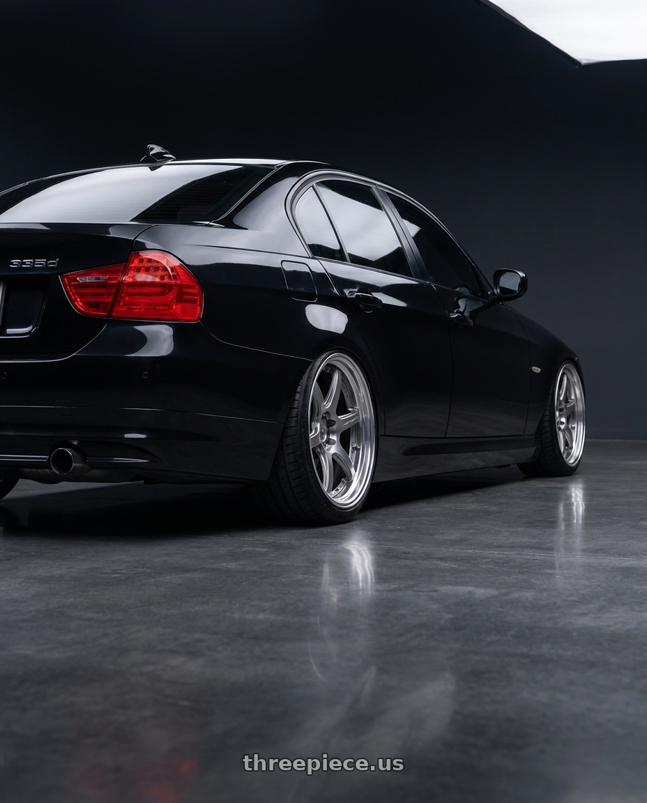 2010 Bmw 335d Black with Work T7r 2P 5x120 18x9.5 +45 GT SILVER wheels rear three quarter view square tires