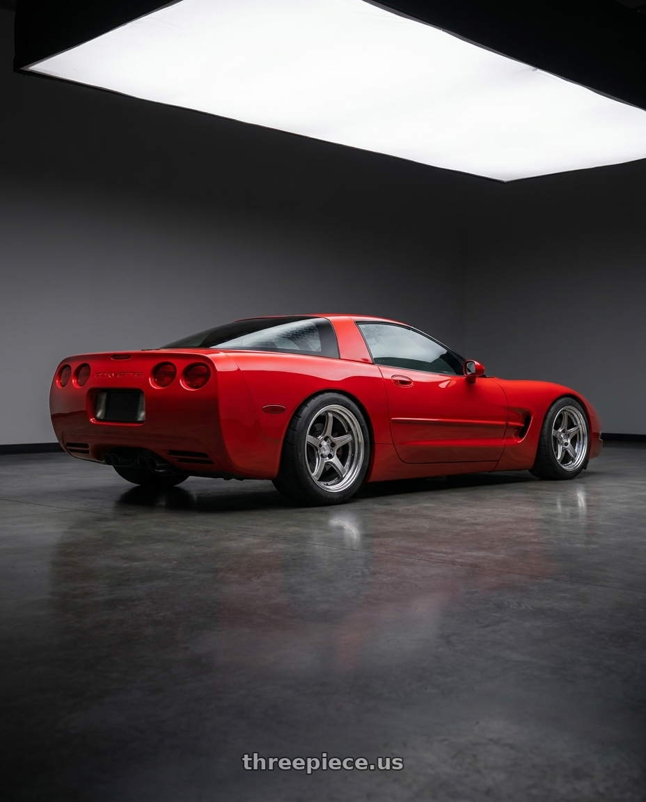 2002 Chevrolet corvette coupe with Work T5R 2P 5x120 18x9.5 +38 GT SILVER wheels rear three quarter view meaty tires