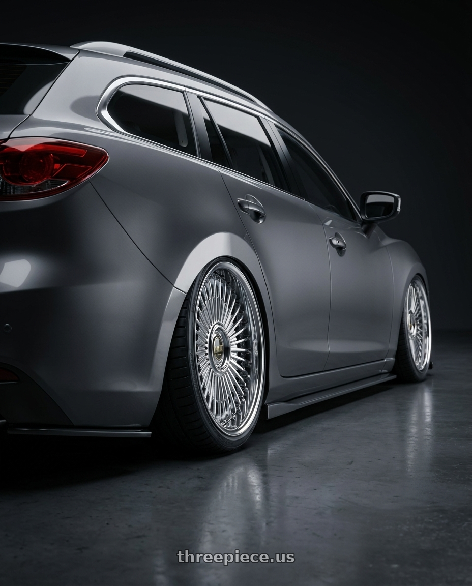2019 Mazda 6 wagon with Work Emitz wheels rear three quarter view square tires